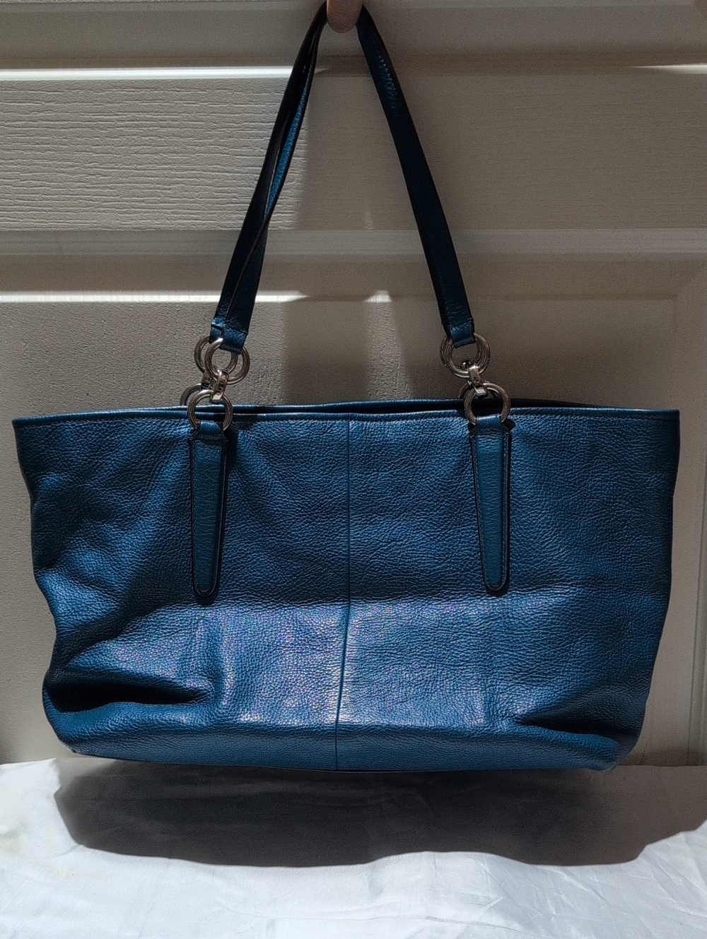 Coach Teal Blue Pebbled Leather Tote with Silver Hardware - Picture 2 of 7